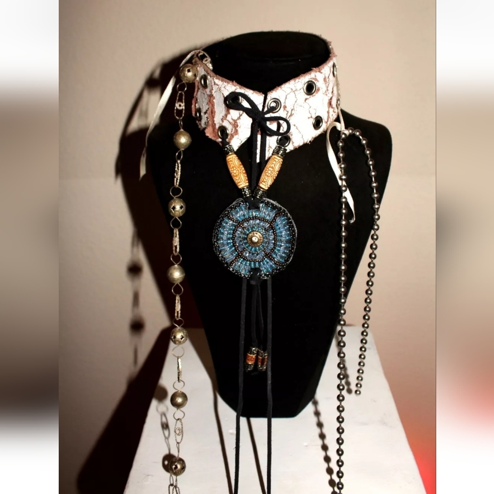 Navajo Choker Leather with Gemstones Sequin and Brass Chain and More, Handmade - Picture 3 of 8